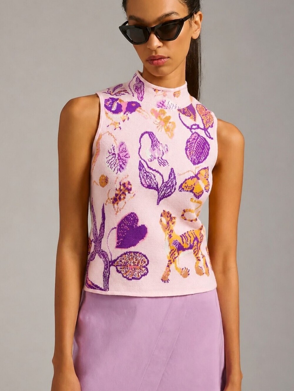 Fate Pink Animal & Floral Knit Mock Neck Sweater Tank Top Small